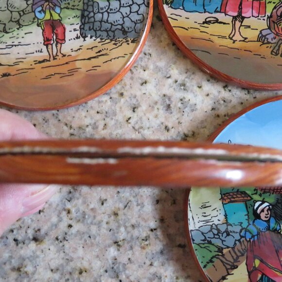 Set 6 Peruvian Coasters Wood Handpainted Vintage (K711) - Picture 7 of 8